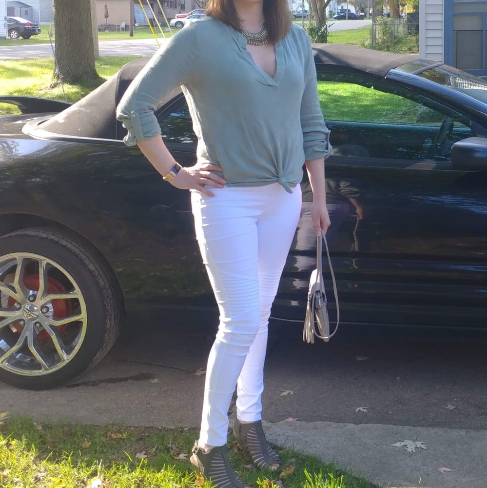 White Moto Biker Leggings by New Mix - Picture 1 of 4